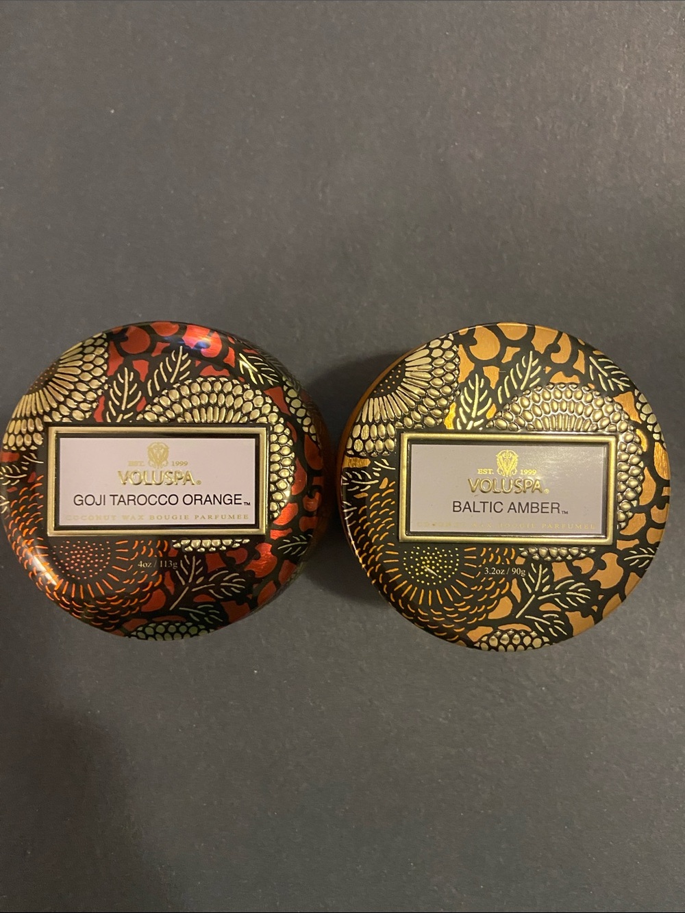 Voluspa Metallic Gold and Red Floral Tin Candle Set